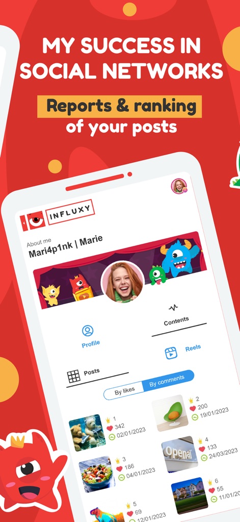 Influxy - Analyze content success with a ranking of top posts, displaying metrics like likes and comments, and convenient tabs to sort by 'By likes' or 'By comments'.
