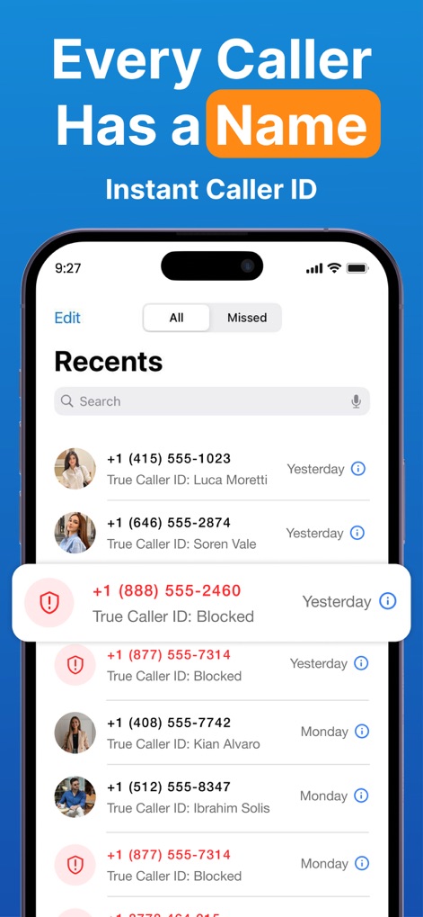 True CallerID: Spam Blocker - La herramienta transforma el historial de llamadas, mostrando nombres como "Luca Moretti" y "Soren Vale" junto a los números, y claramente marca las entradas bloqueadas por "True Caller ID".