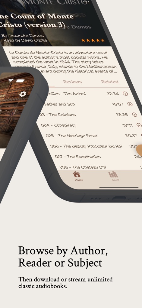 LibriVox Audiobooks - Gli utenti possono esplorare i dettagli di ogni audiolibro, visualizzando una descrizione approfondita (X) e un elenco di capitoli scaricabili (Y) per un ascolto flessibile.