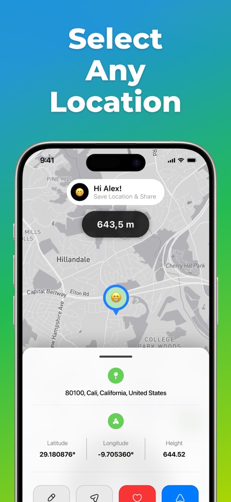 Location Changer: Loc Saver - Users can effortlessly select any point on the map, instantly revealing detailed latitude and longitude data along with its corresponding address.