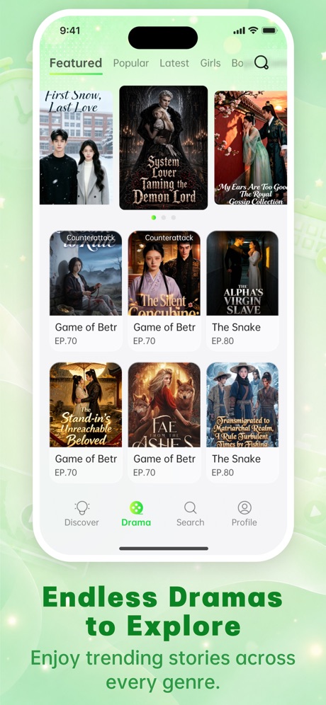 HotShort-Dramas&Reels App Store screenshot 3, headline “Endless Dramas to Explore”. Words at the bottom.