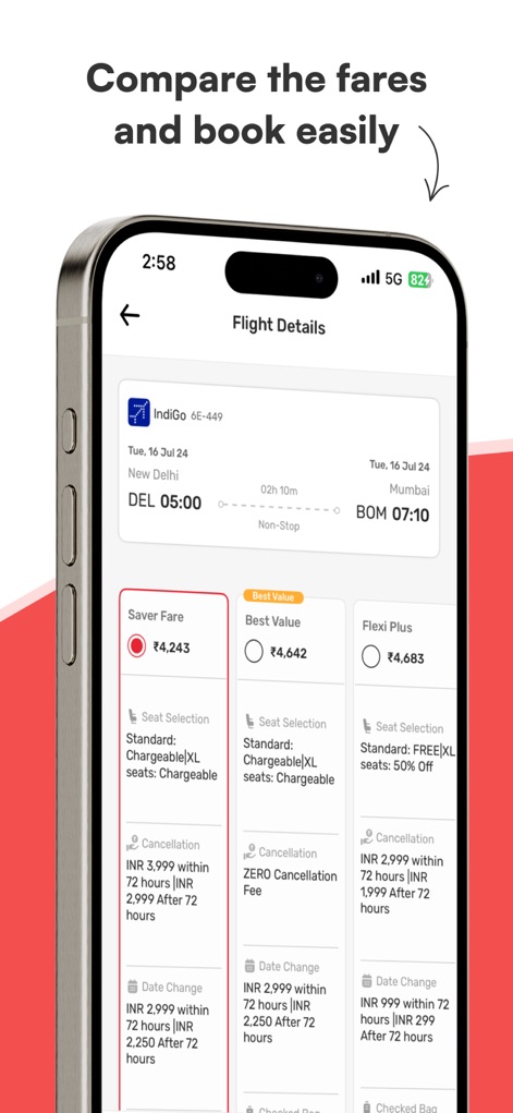 Yatra - Flights, Hotels & Cabs - The app presents various 'fare types' like 'Saver Fare' and 'Flexi Plus', allowing users to choose based on their preferences for 'cancellation' and 'date change' policies.
