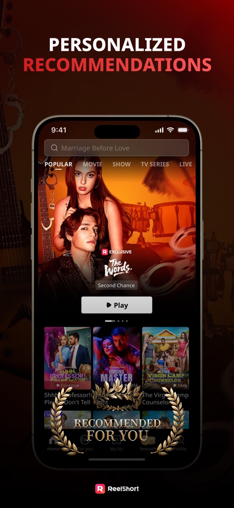 ReelShort - Stream Drama & TV - Users can explore a personalized home screen with 'Recommended For You' suggestions and various content categories for easy discovery.