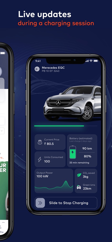 Statiq: EV Charging Stations - Durante la ricarica, l'app fornisce statistiche in tempo reale come la potenza di uscita e la carica della batteria stimata, oltre a dati sull'impatto ambientale come la CO2 risparmiata.
