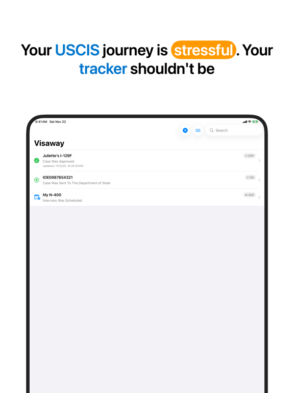 Visaway: USCIS Case Tracker iPad screenshot 1 - Productivity app