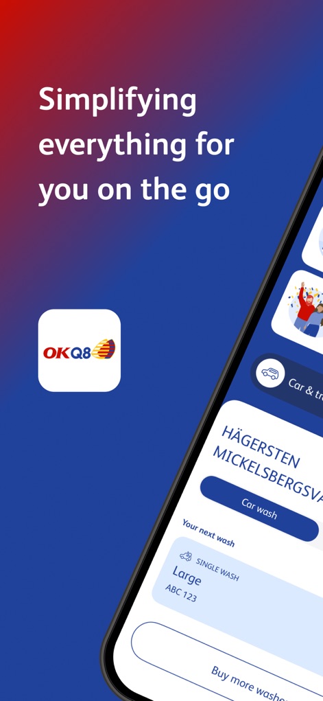 OKQ8 - The app offers a glance at essential services, displaying the prominent 'Car wash' button and details about 'Your next wash'.