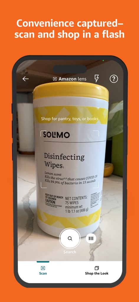 Amazon Shopping - 本アプリは、画面に表示された商品スキャンインターフェースを通じて、ユーザーが物理的な商品を直接検索することを可能にします。また、下部のバーコードスキャンアイコンを使用することで、さらに迅速な商品特定と購入が実現します。