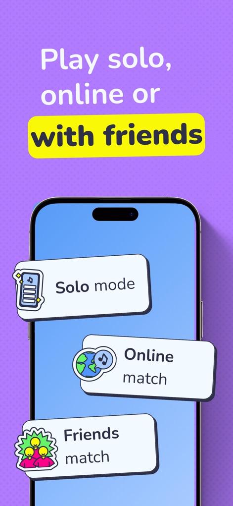 Mukiz - Guess the song - Esta captura de tela apresenta os flexíveis "modos de jogo", incluindo "Solo mode" para desafio individual e "Friends match" para interações sociais envolventes.