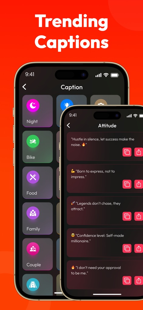 All Video Downloader ~ Player - O aplicativo oferece sugestões de legendas por categoria para personalizar vídeos, apresentando uma lista de frases impactantes e a opção de copiar o texto para uso imediato.