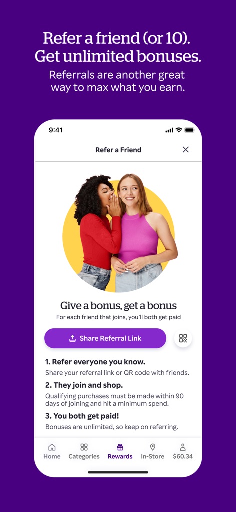 Rakuten: Cash Back & Deals - A tela apresenta uma imagem convidativa de duas mulheres e o detalhe "Share your referral link" com um processo de três passos, incentivando os usuários a convidar amigos e ganhar bônus ilimitados.