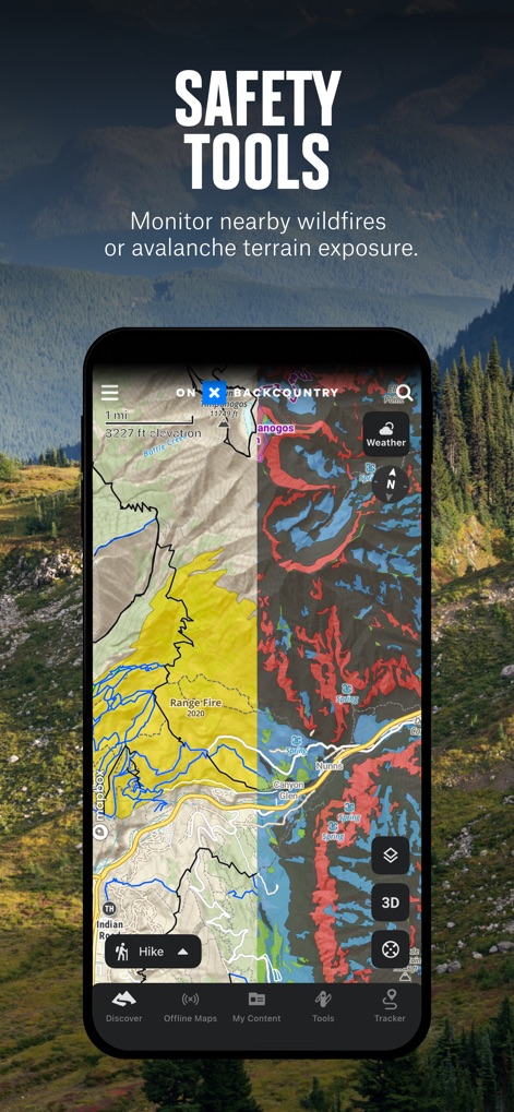 onX Backcountry: Trail GPS App - The app enhances safety with dedicated hazard layers, allowing users to visualize wildfire perimeters and avalanche terrain exposure simultaneously.