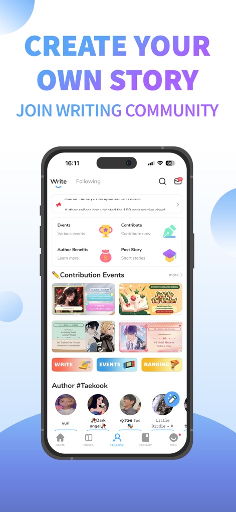 NovelToon: Read Books, Stories - A plataforma incentiva a criatividade através de eventos de contribuição e a exibição de perfis de autores populares como "Author #Taekook", fomentando uma comunidade ativa.