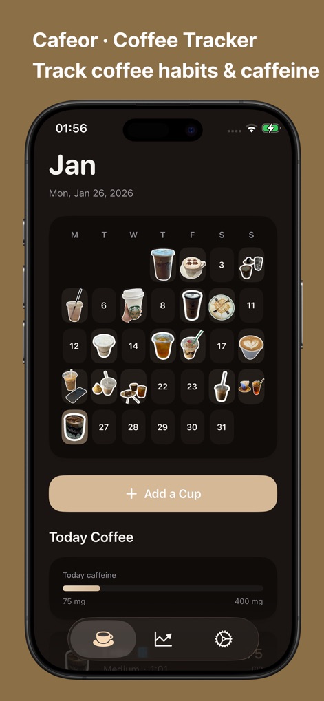 Cafeor · Coffee Tracker - The app offers a clear calendar interface to log daily coffee cups with beautiful stickers, while also providing real-time tracking of today's caffeine intake.