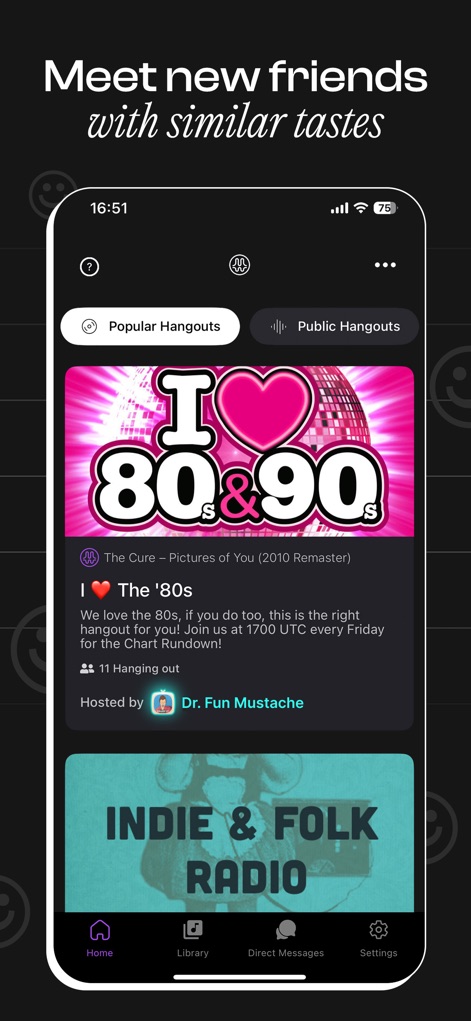 Hangout: New Friends + Music - Descubra novas comunidades baseadas em interesses musicais compartilhados através dos cards de hangouts temáticos, facilitados pelas guias "Popular Hangouts" e "Public Hangouts" para fácil navegação.