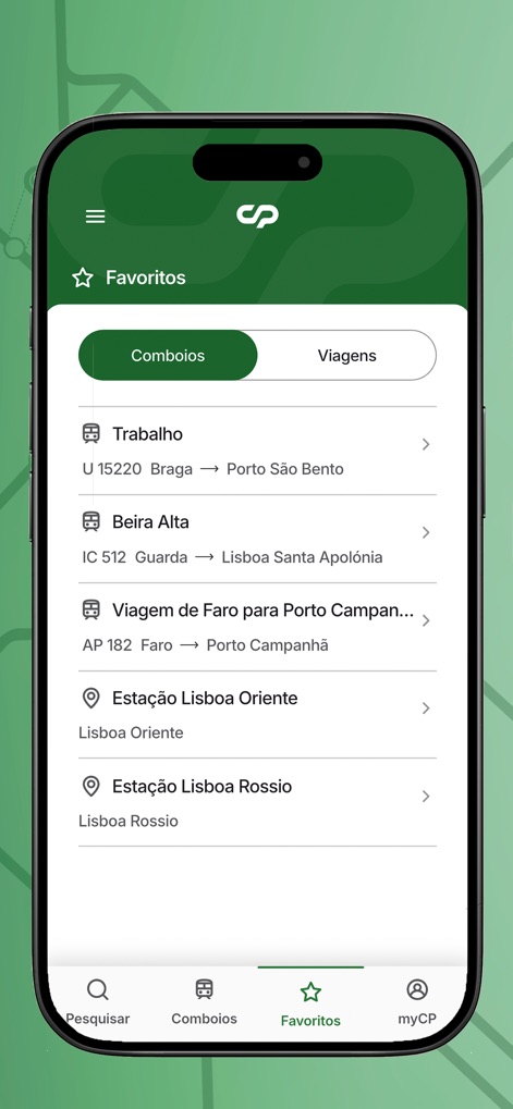 Comboios de Portugal - Les utilisateurs organisent leurs trajets via les onglets « Comboios » et « Viagens », facilitant l'accès rapide à leurs parcours préférés et aux gares enregistrées.
