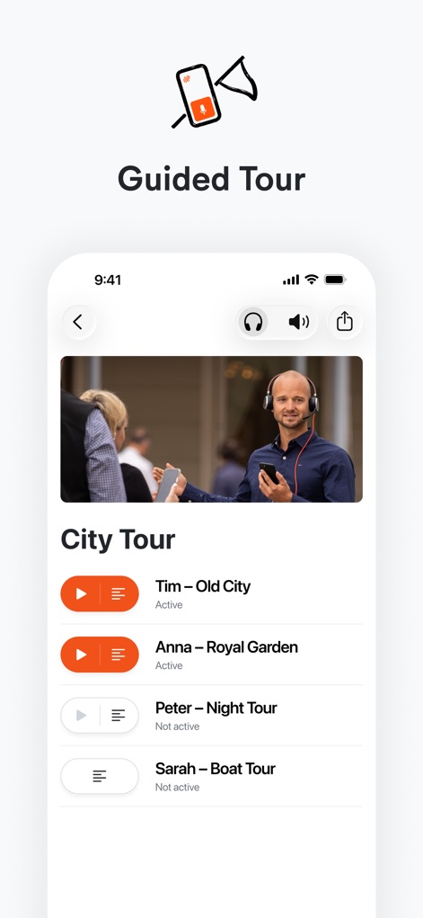 LiveVoice - Os usuários podem selecionar facilmente entre diferentes 'canais de guias turísticos', como 'Tim - Old City' e 'Anna - Royal Garden', ambos marcados como 'ativos', proporcionando uma experiência imersiva e personalizada durante passeios guiados.