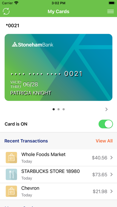 StonehamBank Card Controls Screenshot