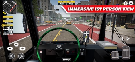 Bus Simulator PRO 2026 - A visão em primeira pessoa revela um volante com textura realista e a rua movimentada vista do cockpit, intensificando a imersão.