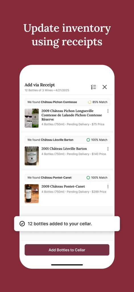 CellarTracker: #1 Wine Tracker - L'application simplifie la mise à jour de l'inventaire en permettant l'ajout de vins via les reçus, affichant les "pourcentages de correspondance" et le "prix unitaire" pour une précision maximale.