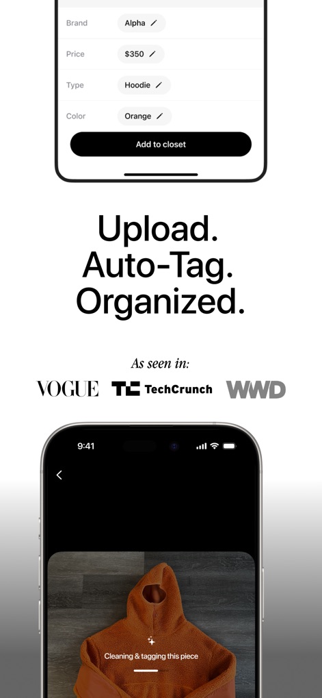 Fitted - O processo de upload de roupas é simplificado, com o aplicativo limpando e rotulando automaticamente as peças, como um moletom laranja, e destacando o reconhecimento da ferramenta por publicações como a VOGUE e TechCrunch.