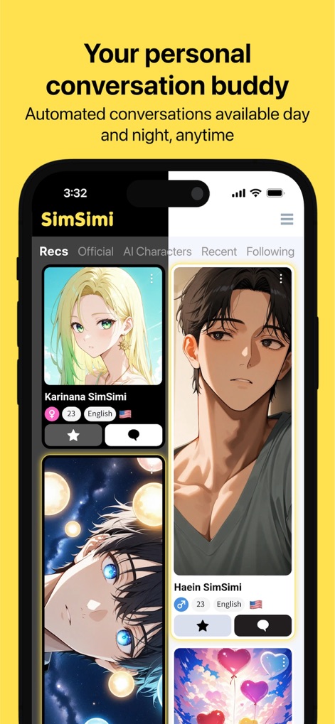 SimSimi - Browse a curated gallery of personal SimSimi buddies, featuring varied character images and their corresponding names in a grid layout.