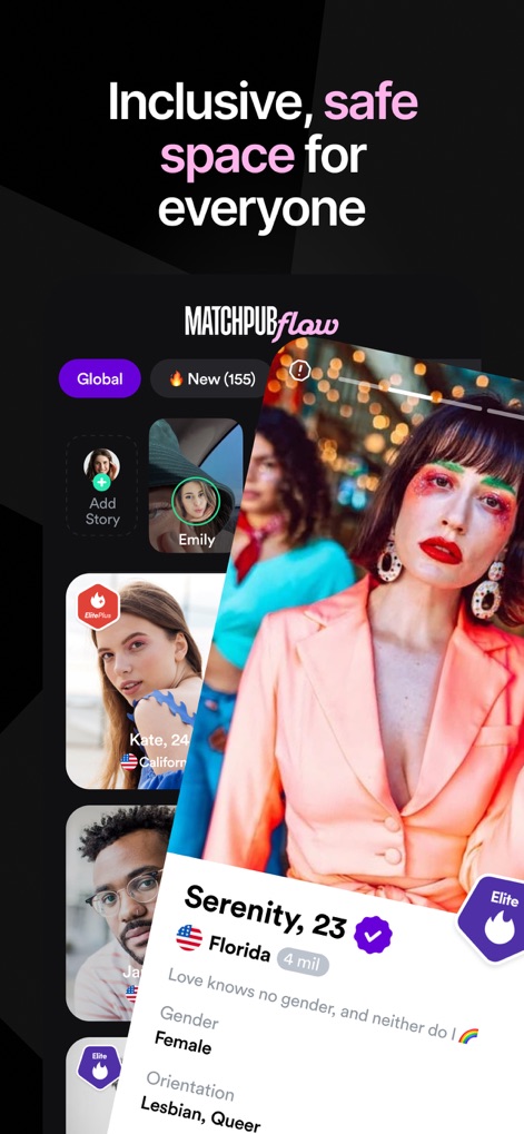 MatchPub: Live 1:1 Video Chat - La schermata mette in risalto il feed 'MatchPubFlow' con profili diversi, e un esempio specifico di 'Serenity, 23' mostra l'inclusività dell'app con l'indicazione dell'orientamento 'Lesbian, Queer'.