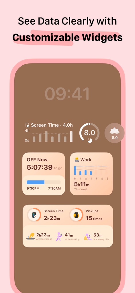 OffScreen: Screen Time Control - カスタマイズ可能な複数のウィジェットにより、スクリーン時間、OFF Nowの進捗、特定の活動への集中時間など、多様なデータをホーム画面で一目で確認できます。