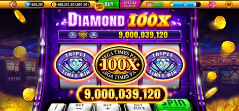 Wild Classic Slots Casino Game - The app highlights the "DIAMOND 100X" feature, showcasing shimmering diamond symbols and a significant multiplier for enhanced virtual wins.
