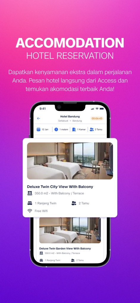 Access by KAI - The hotel reservation feature offers detailed room descriptions, such as 'Deluxe Twin City View', and clearly lists available amenities like free WiFi.