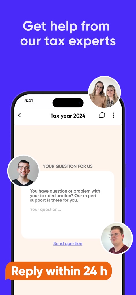 Steuerbot – Your Tax-App - Users can easily submit "Your question for us" directly within the app and receive personalized assistance from dedicated "tax experts" pictured.