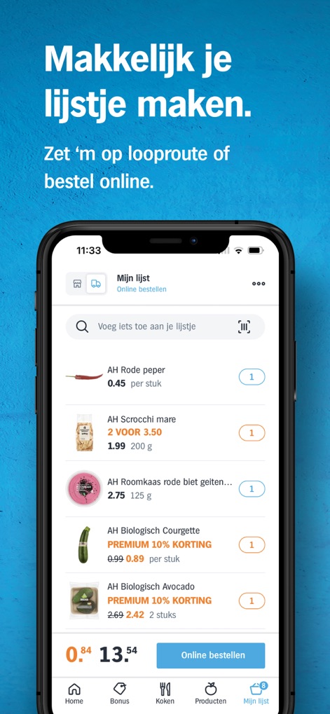 Albert Heijn supermarkt - Users can effortlessly create their shopping list, with the option to order items online or organize them by store 'walking route' for efficient in-store shopping.