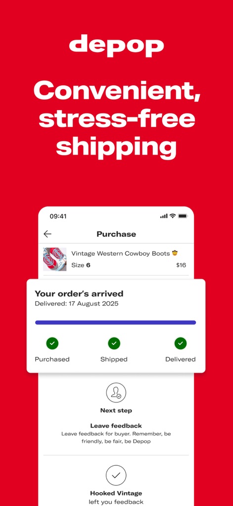 Depop - Buy & Sell Clothes - La schermata di acquisto mostra il progresso dell'ordine attraverso le fasi "Purchased, Shipped, Delivered", garantendo un monitoraggio completo della spedizione.