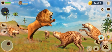 Lion Hunting Simulator Game - The app depicts the lion in dynamic combat against aggressive hyenas, showcasing its powerful attack animations.