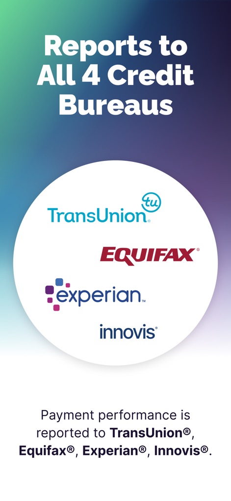 Kovo - Fast Credit Builder - L'application met en évidence son reporting complet aux quatre principaux bureaux de crédit, affichant clairement les logos de TransUnion, Equifax, Experian et Innovis, pour une visibilité maximale du score.