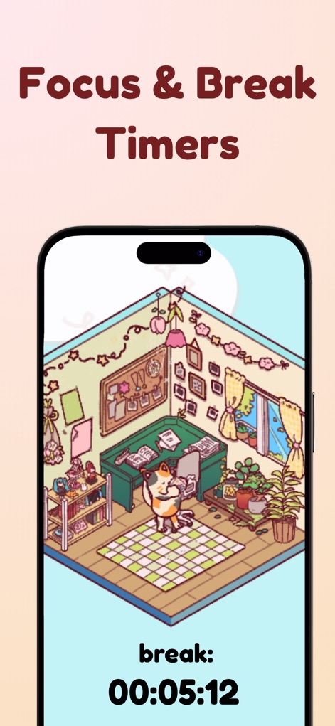 Focus Friend, by Hank Green - 이 앱은 포모도로 기법을 활용한 휴식 타이머 기능을 제공하며, 꾸며진 방에서 휴식을 취하는 고양이 캐릭터가 시각적 즐거움을 더합니다.
