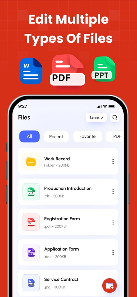 PDF Converter - PDF Editor・ - The app supports editing multiple types of files, clearly displaying different file icons such as Word and PDF documents within the organized 'Files' view.