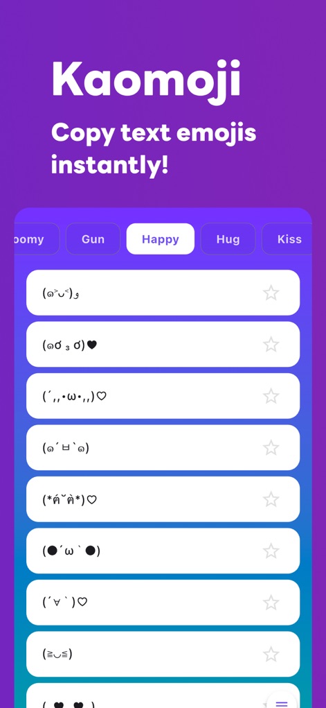 Kaomoji – Kawaii Emoji App - A tela principal demonstra a facilidade de acesso a kaomojis, como os da categoria "Happy", onde usuários podem selecionar e o ícone de "estrela" permite salvar favoritos.