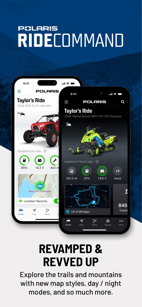 Polaris® - 이 앱은 사용자의 차량(빨간색 UTV와 녹색 스노모빌)과 현재 위치를 한눈에 보여주어, 여정을 효율적으로 관리할 수 있도록 돕습니다.
