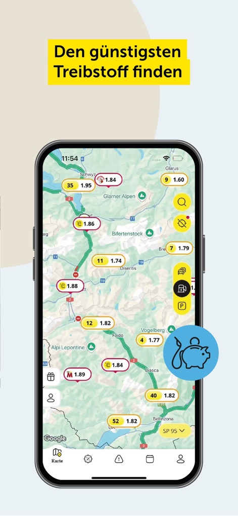 TCS - Touring Club Schweiz - The app's interactive map displays current fuel prices across Switzerland, with users able to contribute community-driven price updates.
