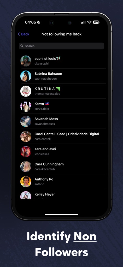 Postegro Tracker for Instagram - This feature allows users to efficiently identify 'Not following me back' accounts through a clear list and utilize the integrated search bar to quickly find specific profiles.