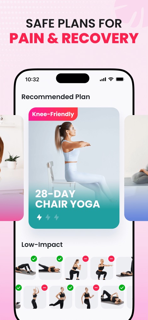 ChillFit: Home Workout Planner - Découvrez des plans d'entraînement doux et sécurisés, tels que le "Yoga sur Chaise de 28 jours", conçus pour la rééducation et l'évitement des douleurs articulaires.