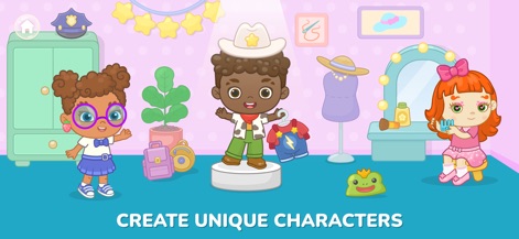 2+ Year Old Games for Toddlers - La herramienta permite a los niños diseñar avatares distintivos, como se ve con la niña con gafas y el niño con un sombrero de vaquero, estimulando la autoexpresión y la imaginación.