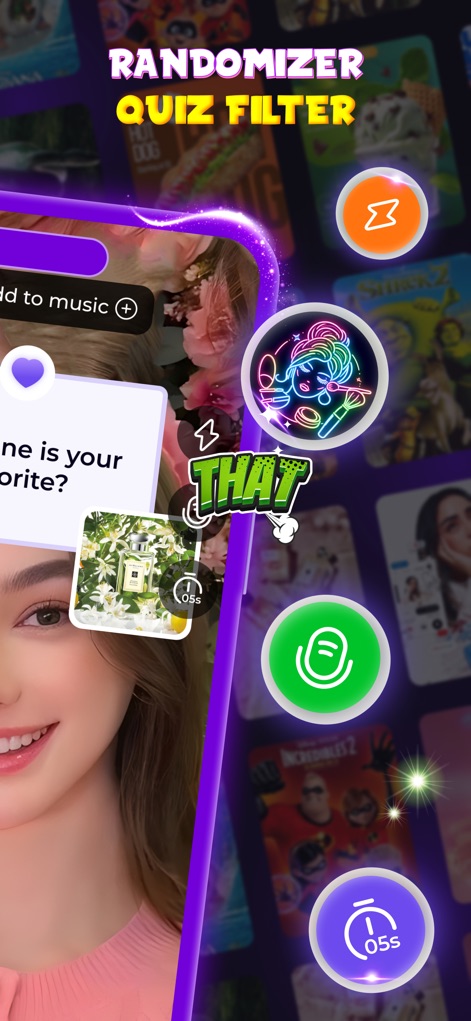 This or That: Funny Filter - Explore the app's dynamic Randomizer Quiz Filters, showcasing diverse category icons and a prominent 'THAT' option for interactive choices.