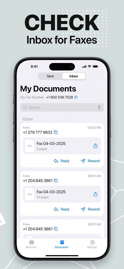 FaxFree: Send Fax From iPhone - The app provides a dedicated 'My Documents' inbox where users can easily check and manage received faxes, displaying sender details and offering quick reply or resend functionalities.