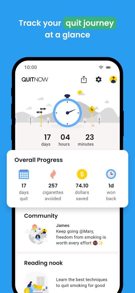 QuitNow! - A tela principal exibe o progresso do usuário em tempo real, com um contador preciso de dias sem fumar e o valor economizado, além de um vislumbre da interação no chat da comunidade.