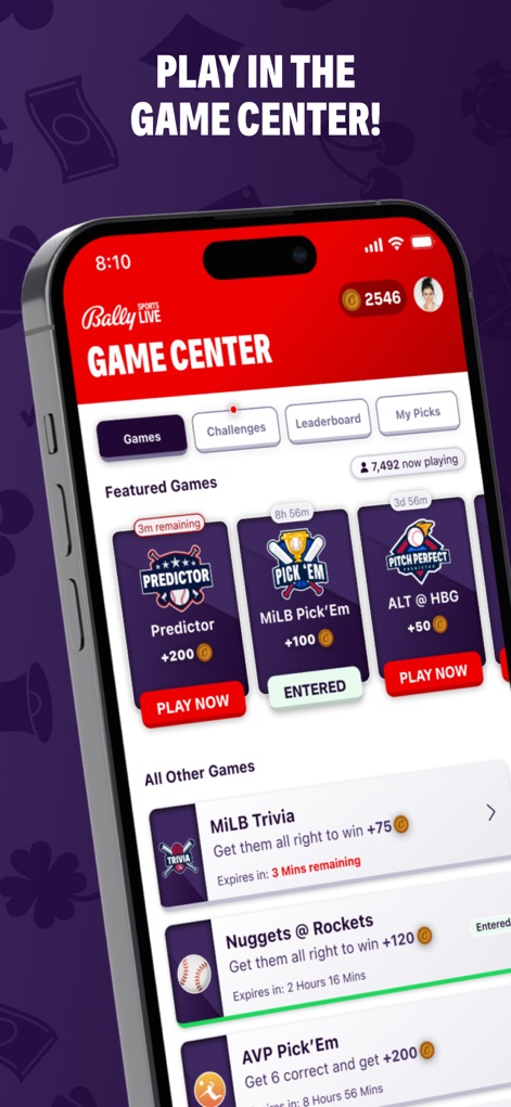 Bally Sports Live - Il "Game Center" propone una serie di giochi interattivi come "Predictor" e "MiLB Pick'em", dove gli utenti possono mettere alla prova le proprie abilità e sfidarsi in classifiche con altri appassionati.