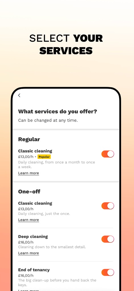 Self-employed jobs Wecasa Pro - Os profissionais podem ativar ou desativar os serviços que oferecem, como "Regular cleaning" e "Deep cleaning", e visualizar os detalhes de cada um, incluindo a taxa por hora.