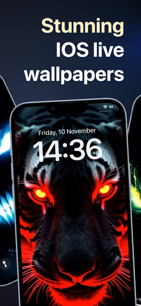 Wave-AI Live Wallpapers Maker - 燃えるような目の虎のライブ壁紙が、iOSデバイスで圧倒的な存在感を放ち、ユーザーの画面を彩ります。