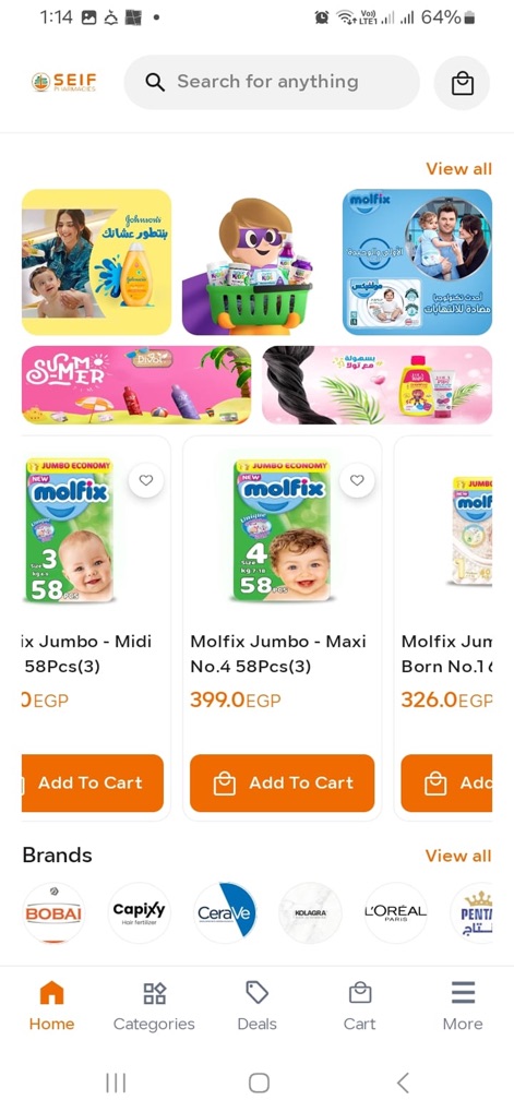 seif pharmacies - صيدلية سيف - The app features compelling product offers, such as multi-pack discounts for 'Molfix' diapers, and highlights popular brands through curated carousels at the screen's bottom.