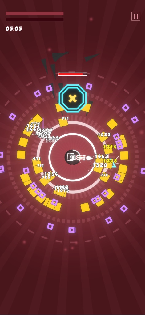 Geometry Tower: Idle Defense - This screenshot reveals high-intensity enemy encounters, featuring powerful adversaries and the tower's advanced weapon systems unleashing a barrage of attacks.